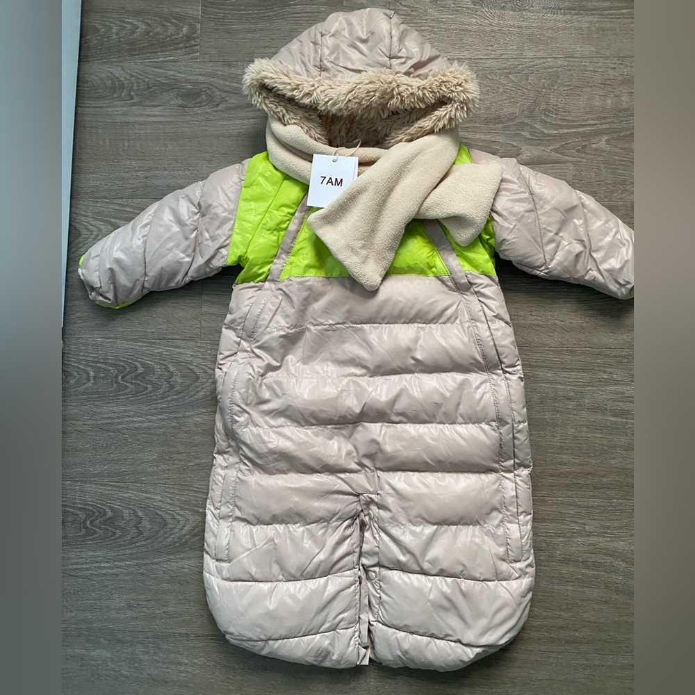 Baby 7AM Enfant Doudoune One Piece Infant Snowsuit Bunting, Beige/Neon Lime - L